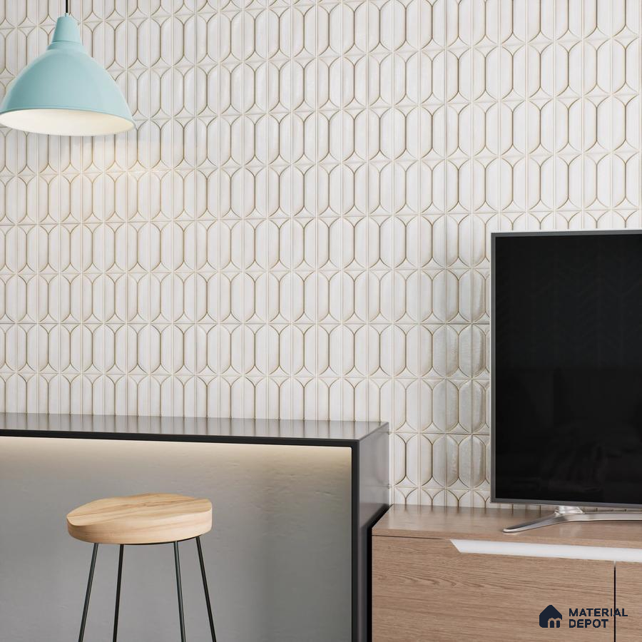 Modern Living Room with Textured White Tile Wall | Material Depot
