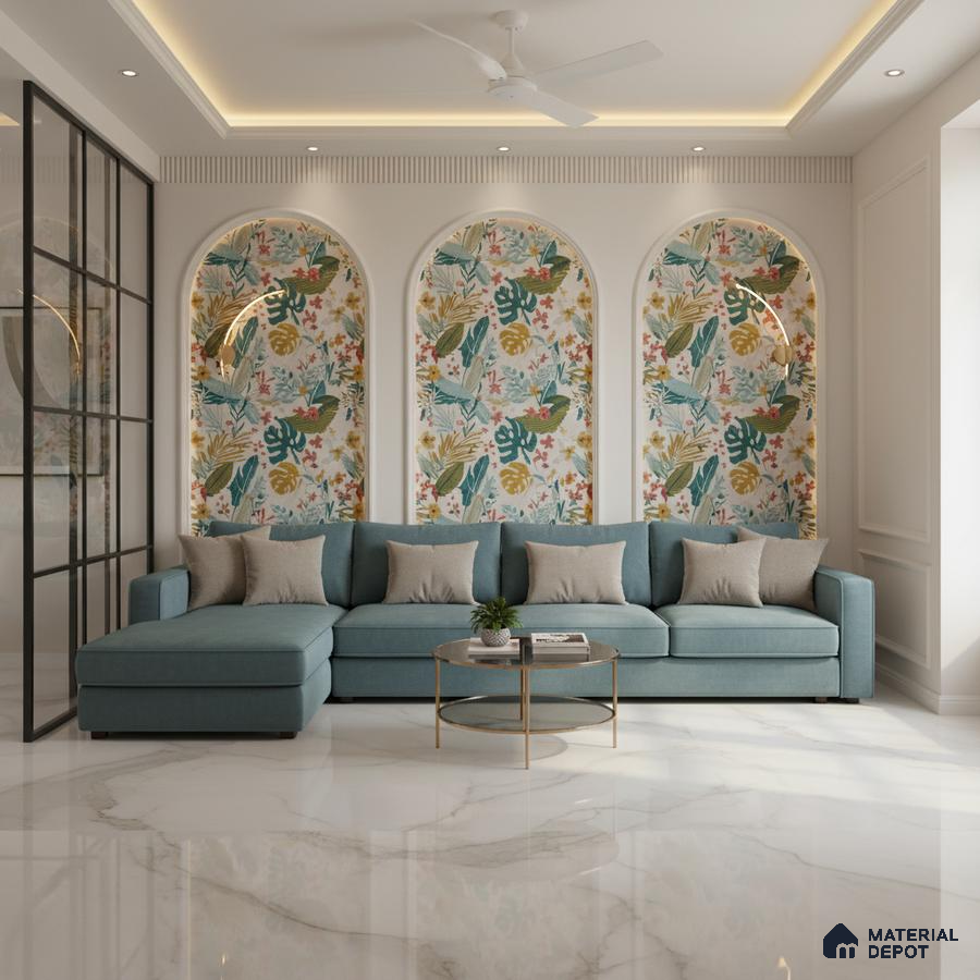 Modern living room with tropical floral wallpaper and marble look floor tiles in Bengaluru