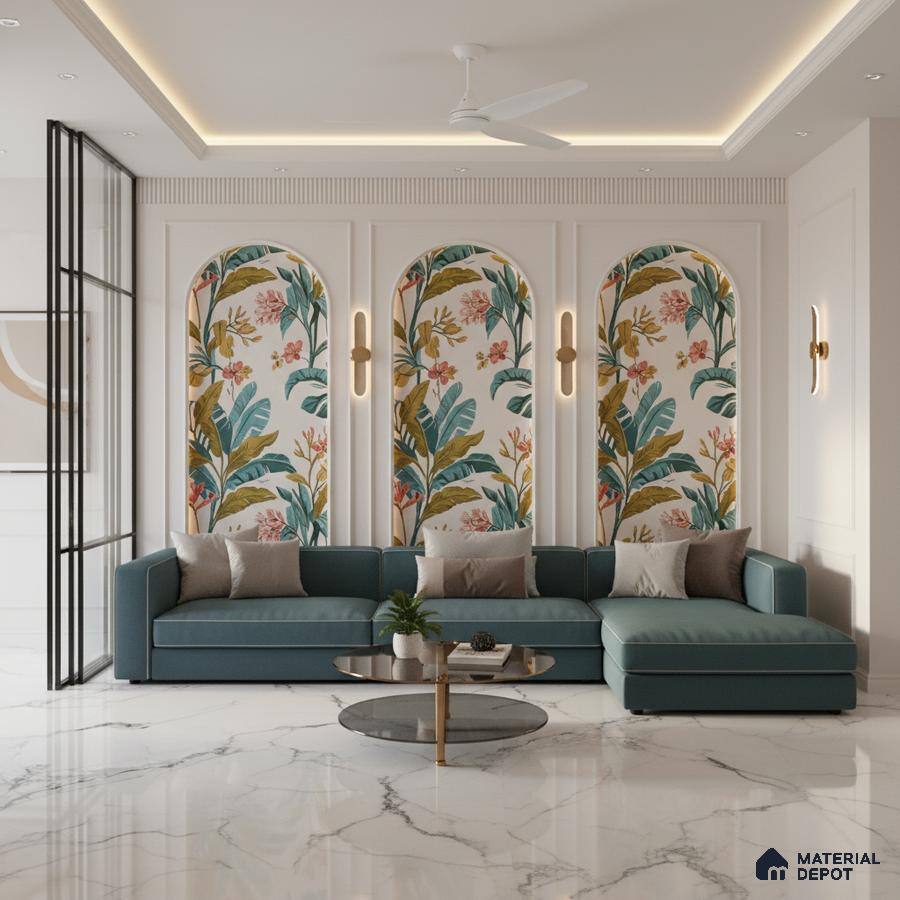 Modern living room with tropical floral wallpaper and white marble floor tiles in Bengaluru