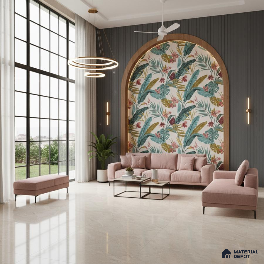 Modern living room with tropical floral wallpaper, grey fluted wall panels, and beige marble floor tiles in Bengaluru
