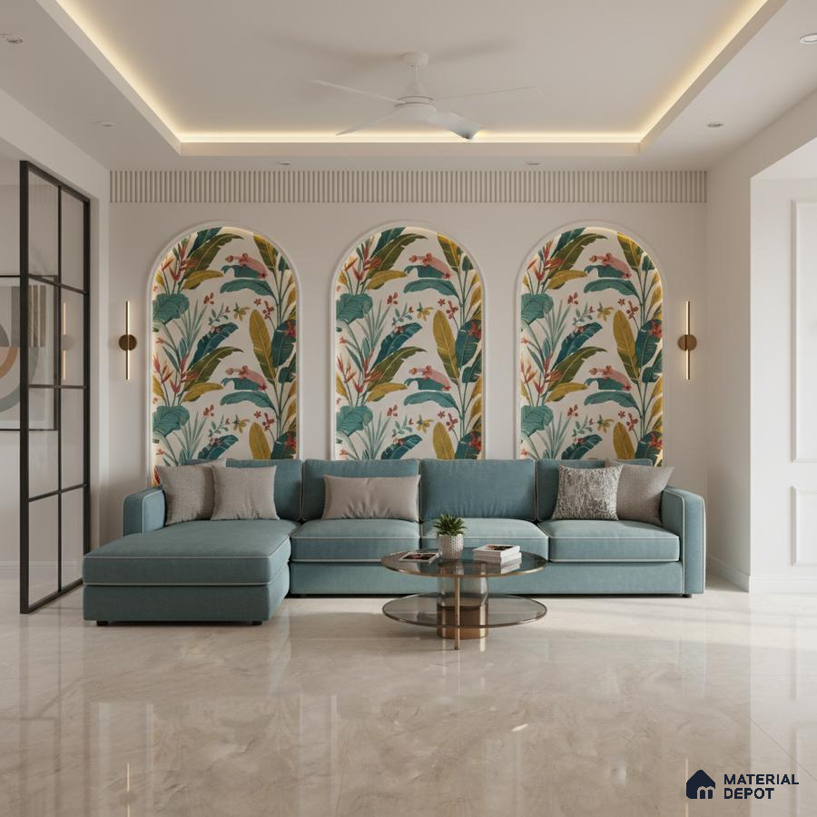 Modern living room with tropical patterned wallpaper and glossy beige marble floor tile in Bengaluru
