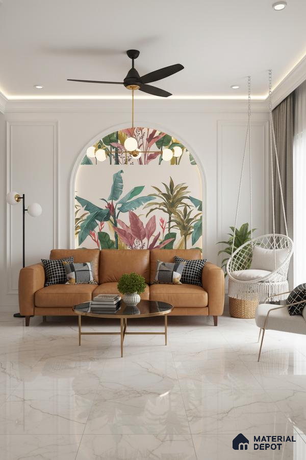 Modern living room with tropical wallpaper accent and glossy white marble floor tiles in Bengaluru