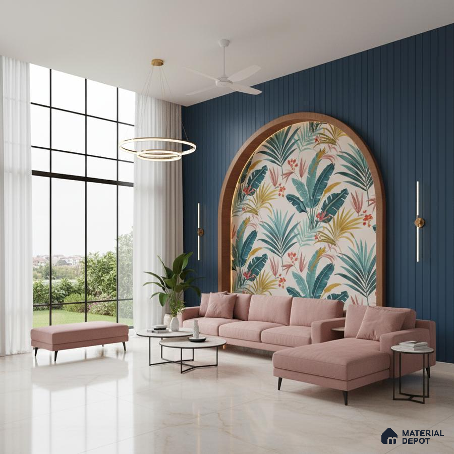 Modern living room with tropical wallpaper accent, blue fluted wall panels, and marble floor tiles in Bengaluru