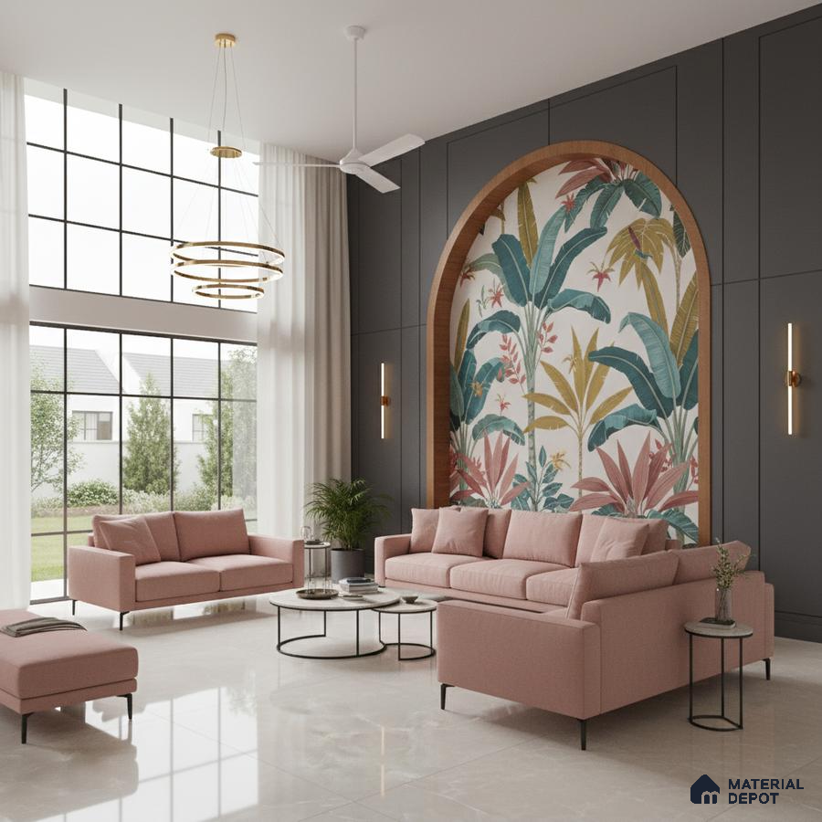 Modern living room with tropical wallpaper accent, blush pink sofas, and marble floor tiles in Bengaluru