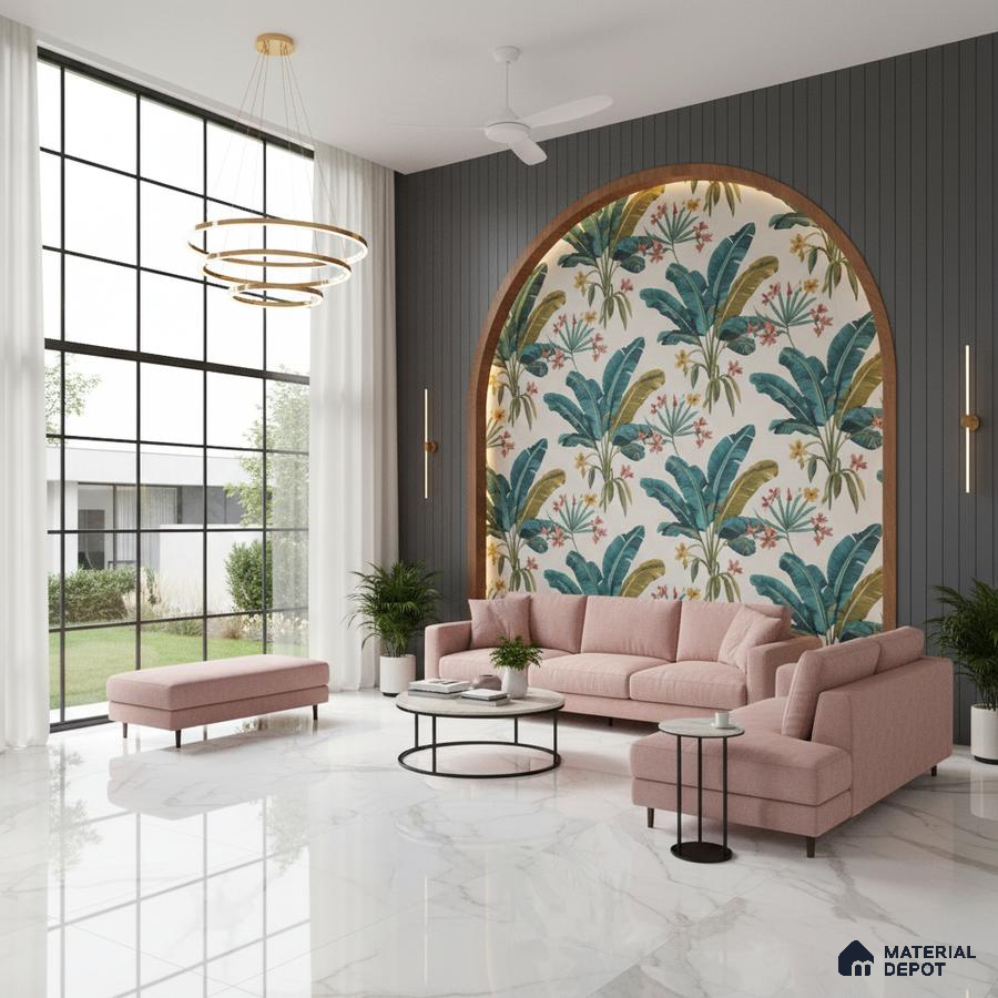 Modern living room with tropical wallpaper accent, grey fluted wall panels, and white marble floor tiles in Bengaluru