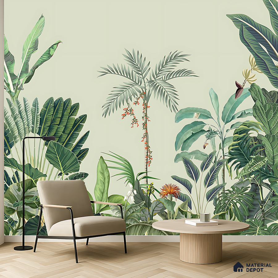 Modern living room with tropical wallpaper and light wood herringbone flooring in Bengaluru