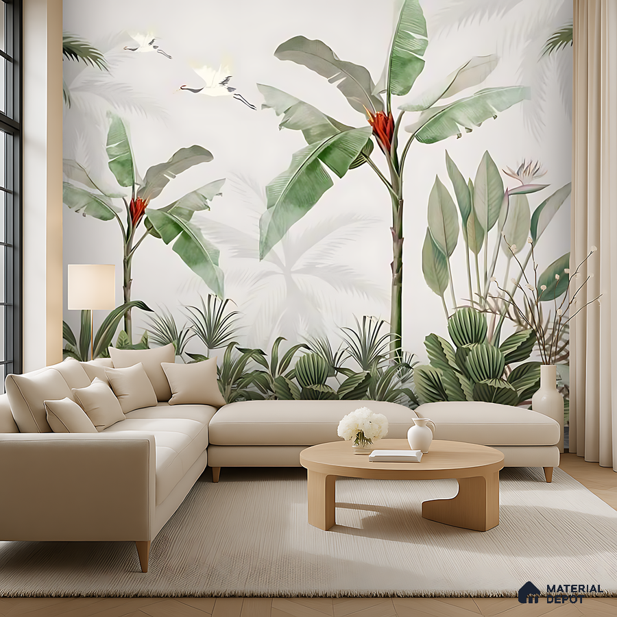 Modern living room with tropical wallpaper, beige upholstery, and light wood accents in Bengaluru