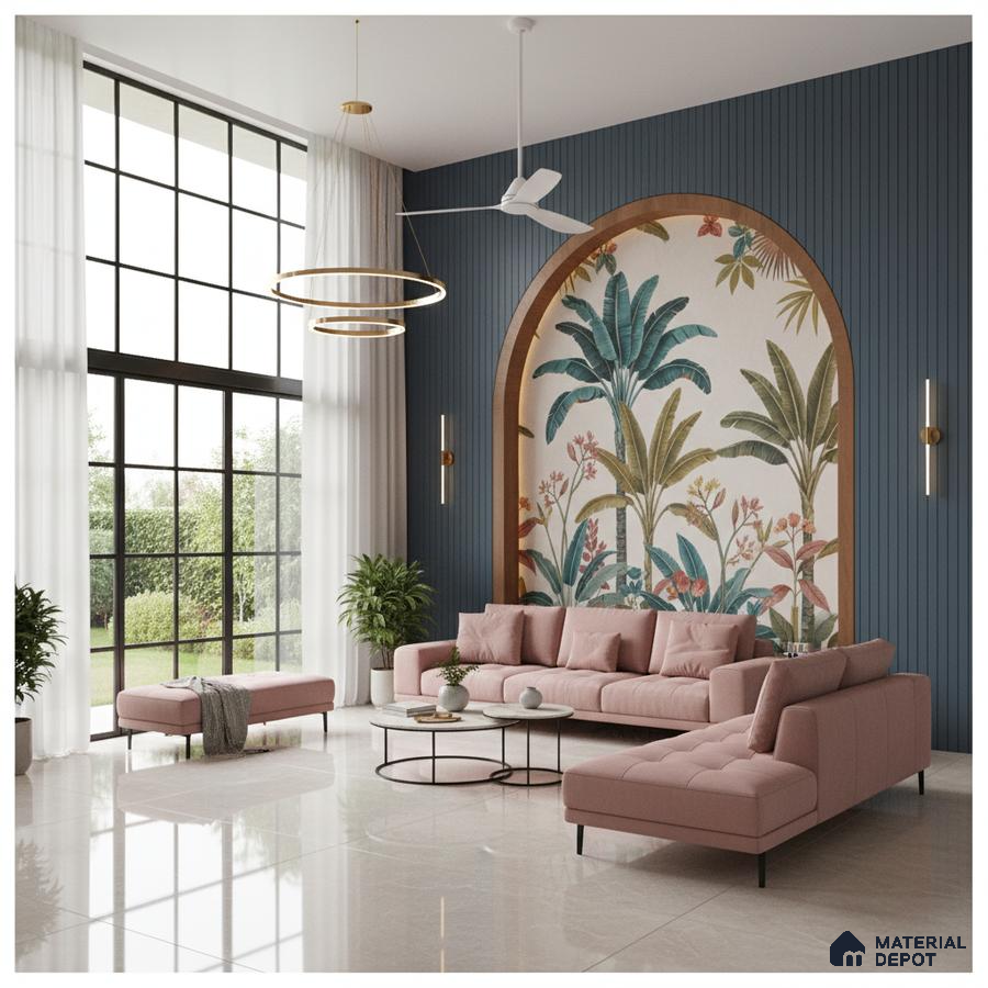 Modern living room with tropical wallpaper, blue fluted wall panels, and blush pink sofa in Bengaluru