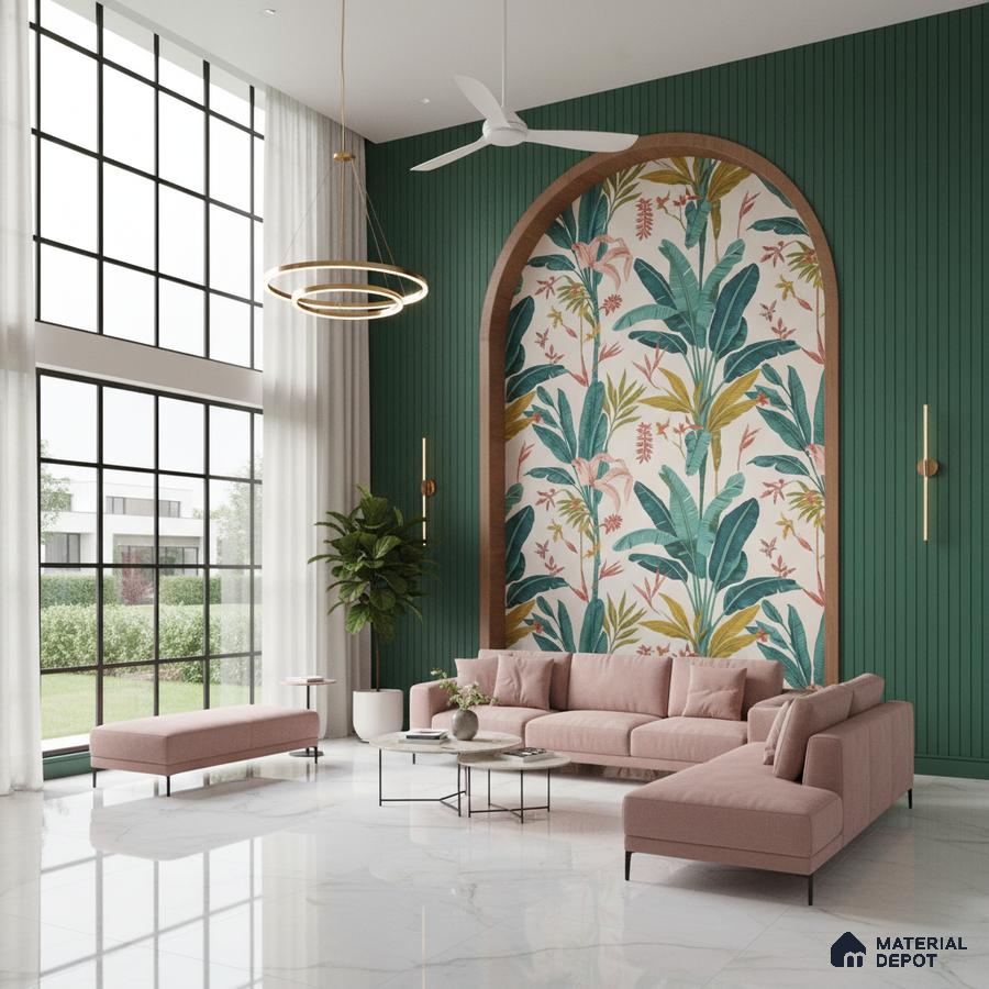 Modern living room with tropical wallpaper, green fluted wall panels, and white marble floor tiles in Bengaluru