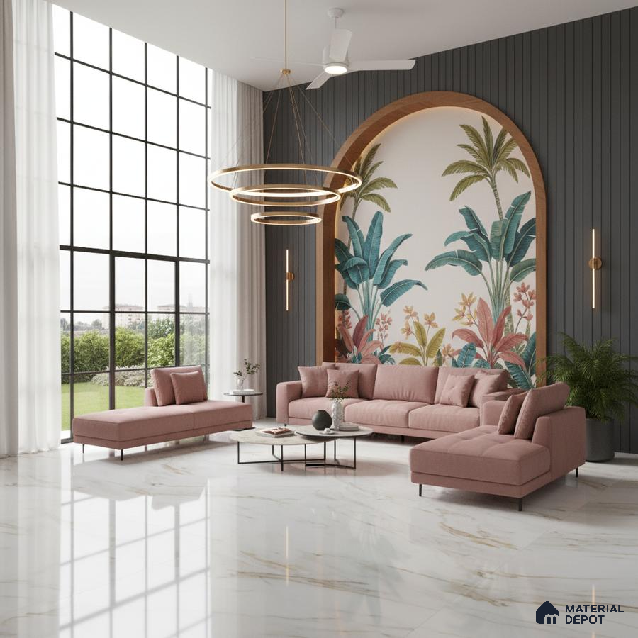 Modern living room with tropical wallpaper, grey fluted wall panels, and white marble floor tiles in Bengaluru