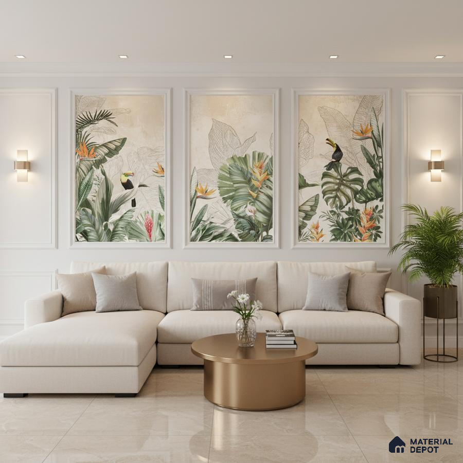 Modern living room with tropical wallpaper panels and beige marble floor tiles in Bengaluru