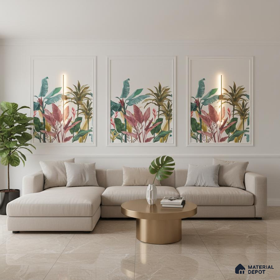 Modern living room with tropical wallpaper panels and beige marble floor tiles in Bengaluru