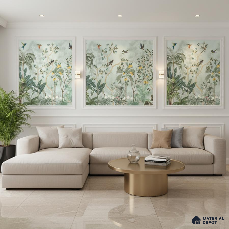 Modern living room with tropical wallpaper panels, beige sectional sofa, and polished marble floor tiles in Bengaluru