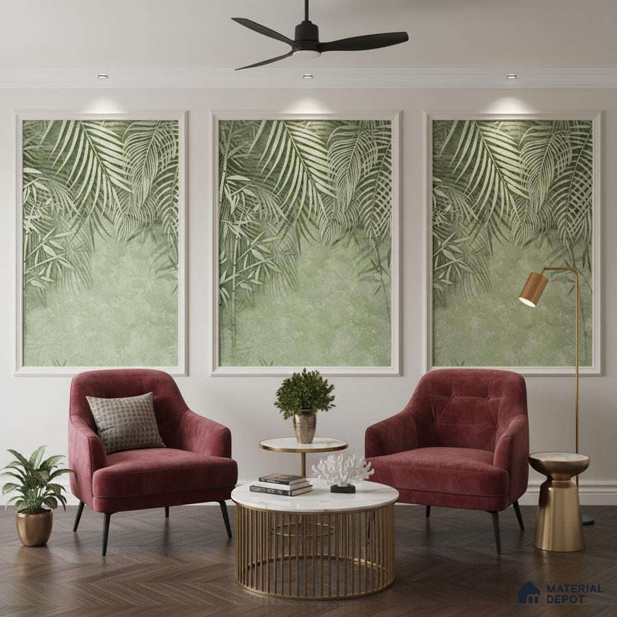 Modern living room with tropical wallpaper panels, velvet accent chairs, and marble top coffee table in Bengaluru