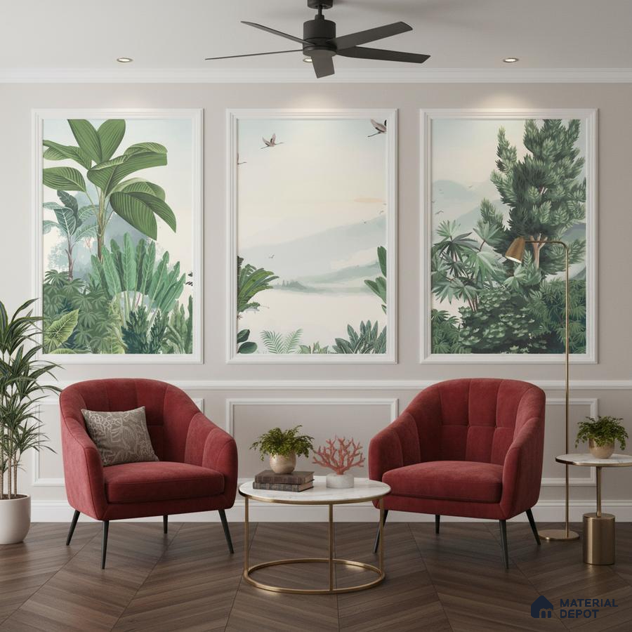 Modern living room with tropical wallpaper panels, velvet red accent chairs, and herringbone wood flooring in Bengaluru