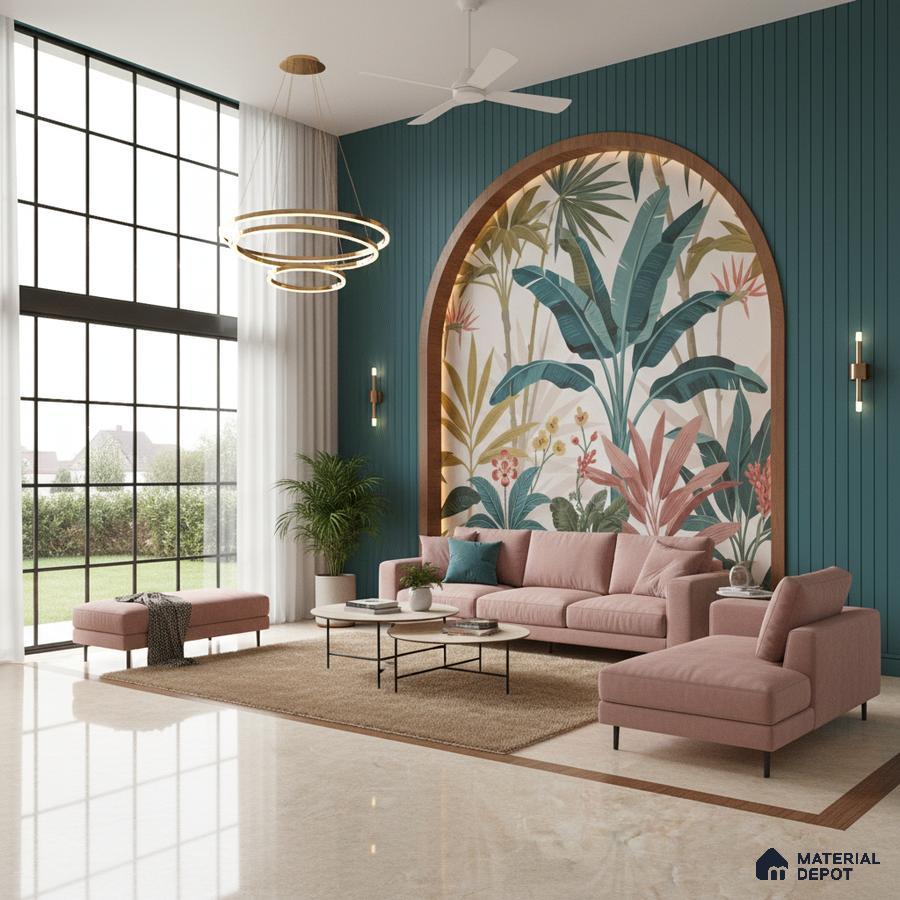 Modern living room with tropical wallpaper, teal fluted wall panels, and blush pink sofa in Bengaluru