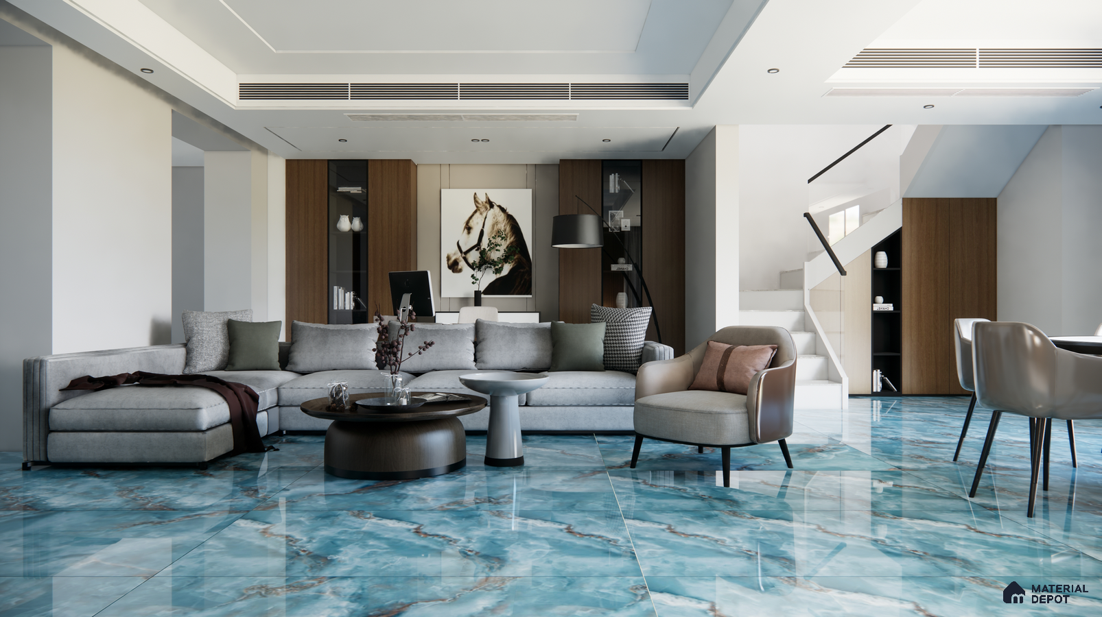 Modern Living Room with Vibrant Blue Marble Flooring | Material Depot