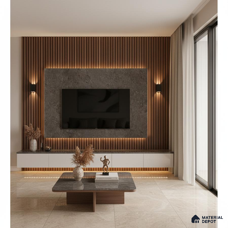 Modern living room with stone accent wall, wooden louvers, and beige marble floor tiles in Bengaluru