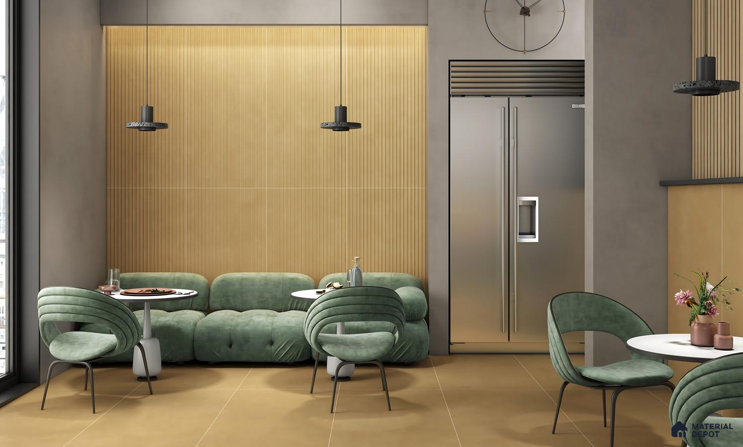 Modern Living Room with Warm Beige Fluted Wall Tiles and Earthy Flooring – Stylish & Cozy Interior | Material Depot