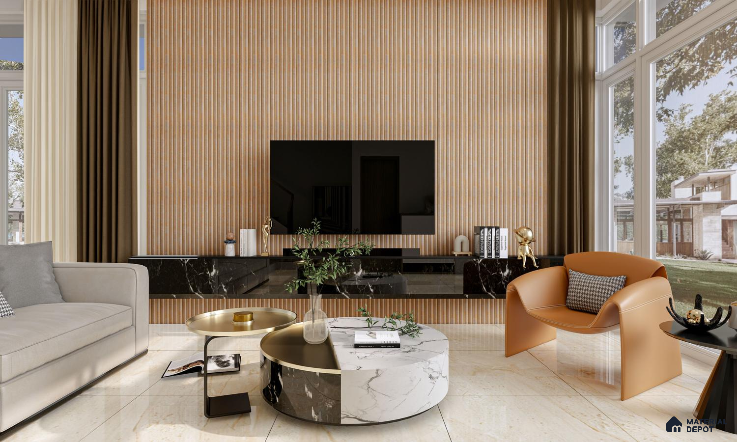 Modern Living Room with Warm Fluted Panels and Marble-Black Accents | Material Depot