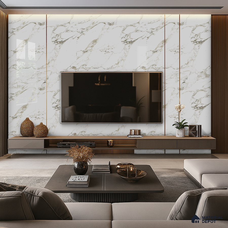 Minimal Living Room with Beige Marble-Look Laminate TV Wall and Wooden Accents | Material Depot