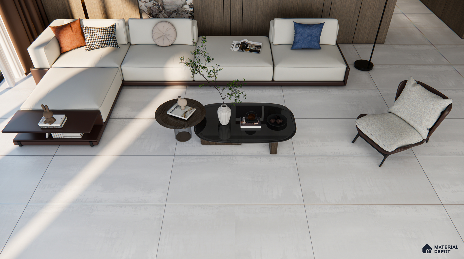 Modern Living Room with White Concrete-Look Flooring and Dark Wood Accents | Material Depot