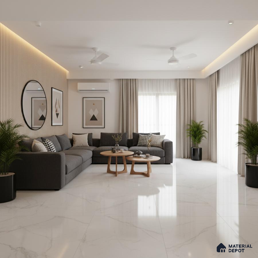 Modern living room with white marble floor tiles and beige fluted wall panels in Bengaluru