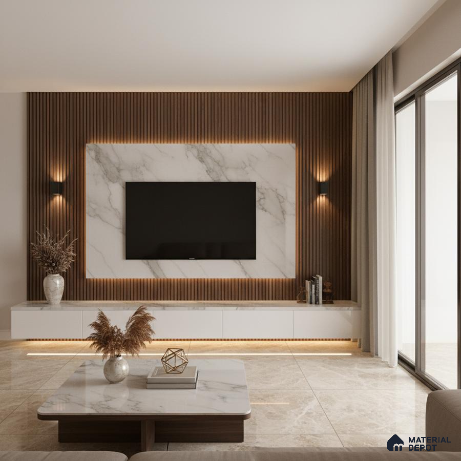 Modern living room with black marble-look laminate TV unit and walnut brown fluted wall panels in Bengaluru