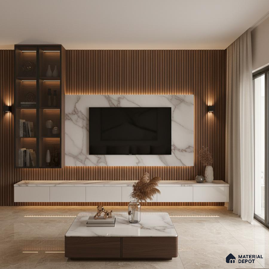 Modern living room with marble laminate TV unit, wooden fluted wall panels, and beige floor tiles in Bengaluru