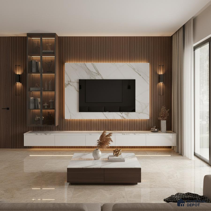 Modern living room with beige marble laminate TV unit, wooden fluted wall panels, and marble floor tiles in Bengaluru