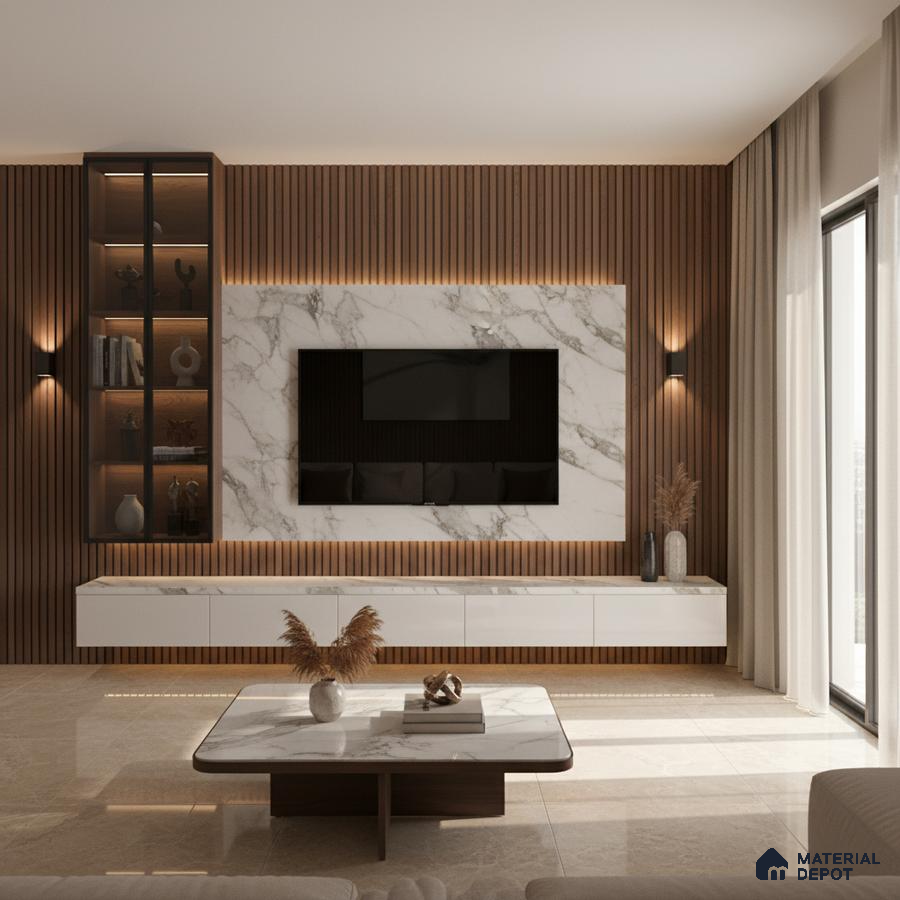 Modern living room with green marble-look laminate TV wall, walnut wood louvers, and beige marble floor tiles in Bengaluru