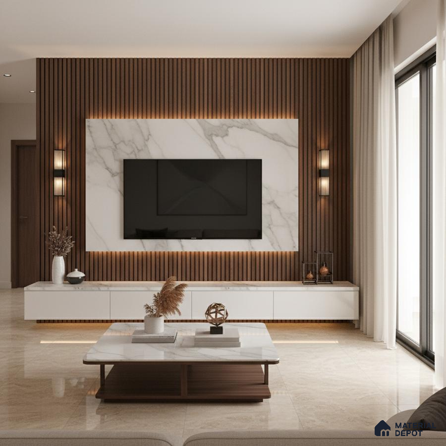 Modern living room with grey marble laminate TV wall, wooden louvers, and beige marble floor tiles in Bengaluru