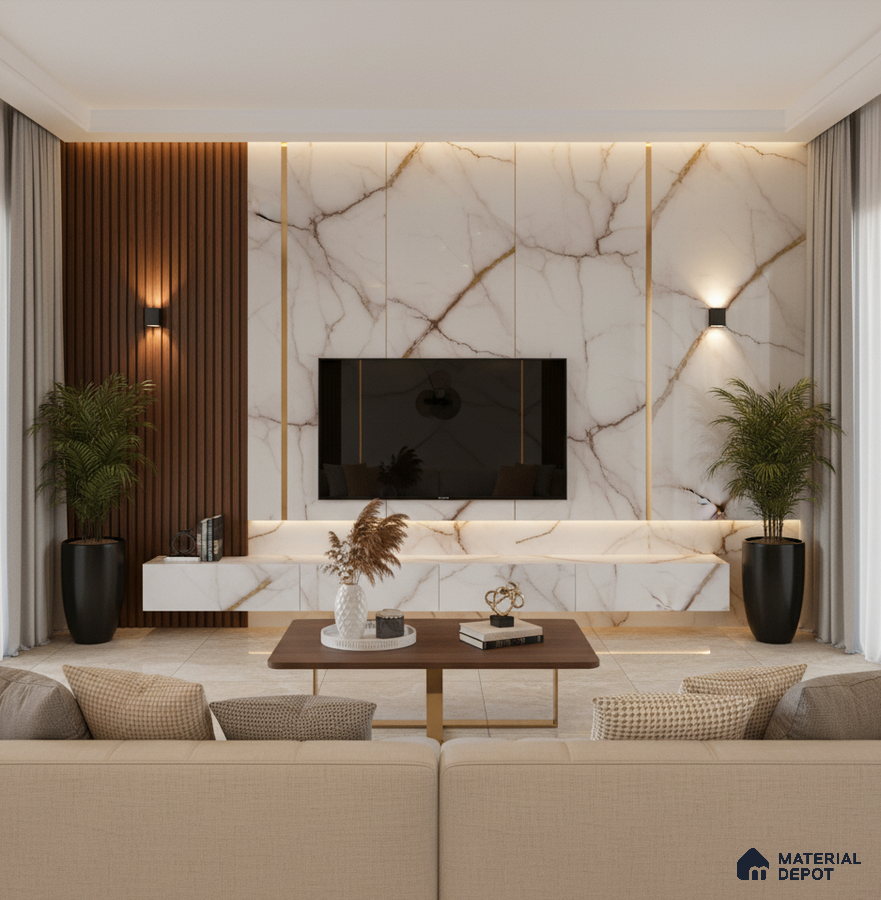 Modern living room with black marble laminate TV wall, wooden louvers, and beige marble floor tiles in Bengaluru