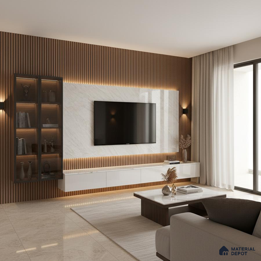 Modern living room with white marble laminate TV wall and walnut wood fluted panels in Bengaluru