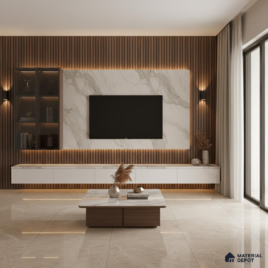 Modern living room with white marble laminate TV unit, walnut wood louvers, and beige marble floor tiles in Bengaluru