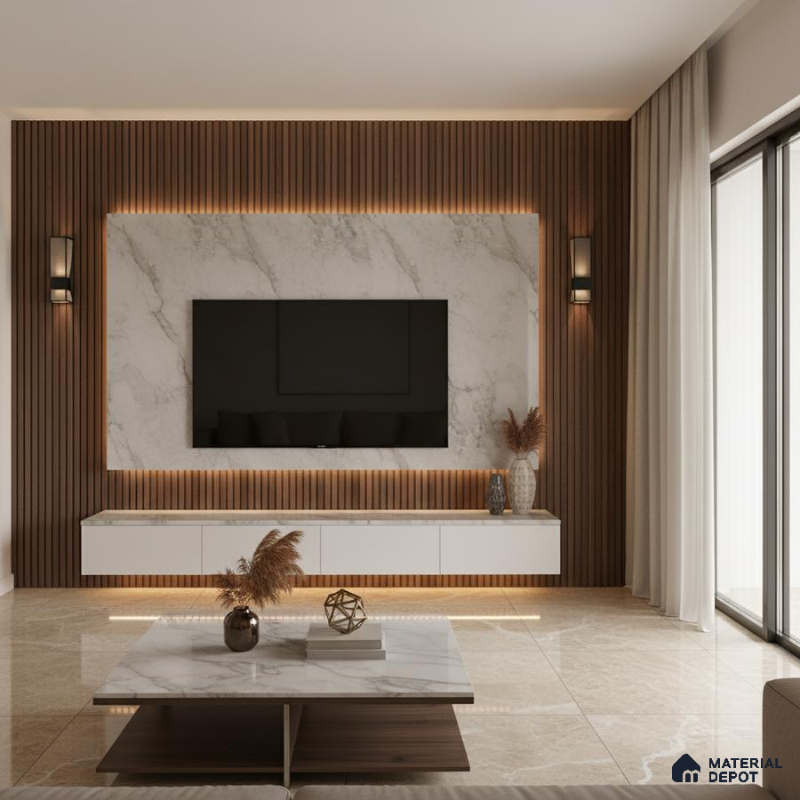 Modern living room with white marble laminate TV unit, walnut brown fluted panels, and beige marble floor tiles in Bengaluru