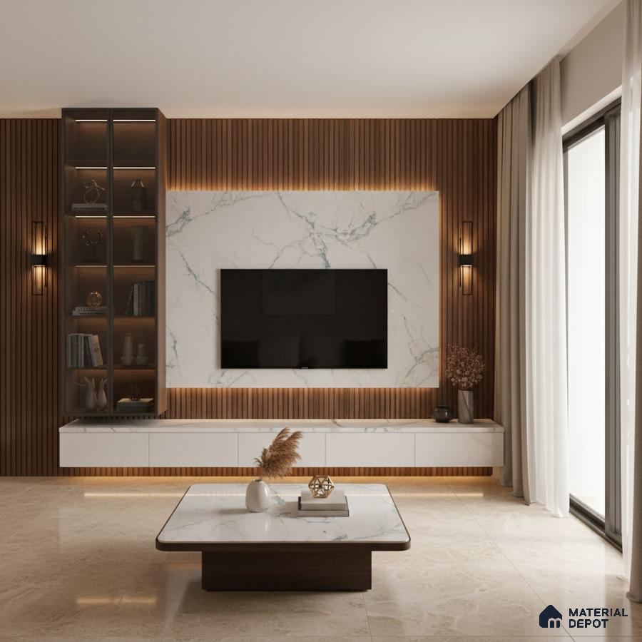 Modern living room with white marble laminate TV unit, walnut wood louvers, and marble floor tiles in Bengaluru