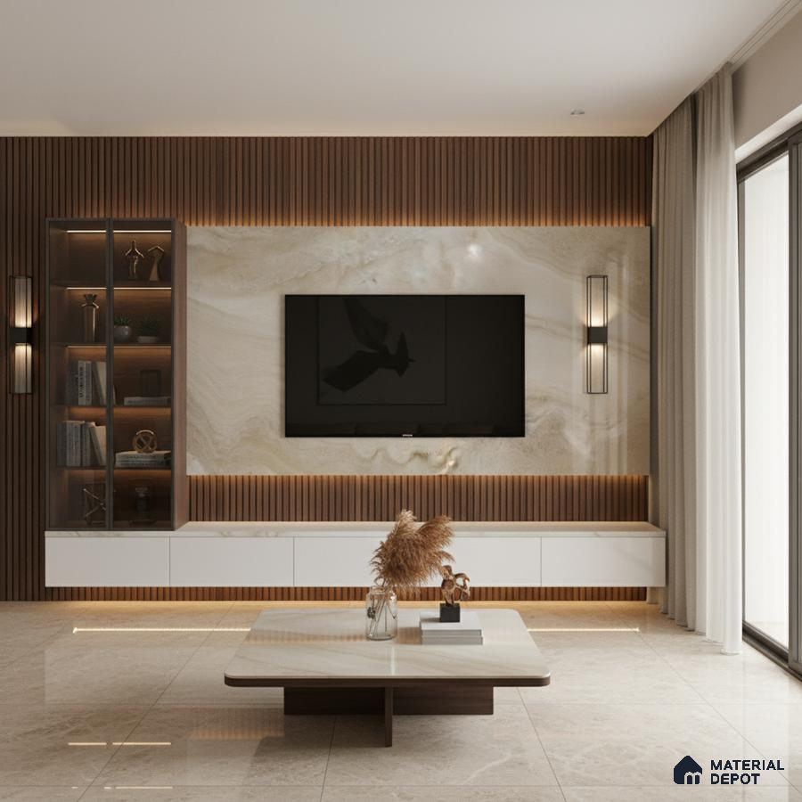 Modern living room with brown marble laminate TV unit, walnut wood fluted wall panels, and beige botticino floor tiles in Bengaluru