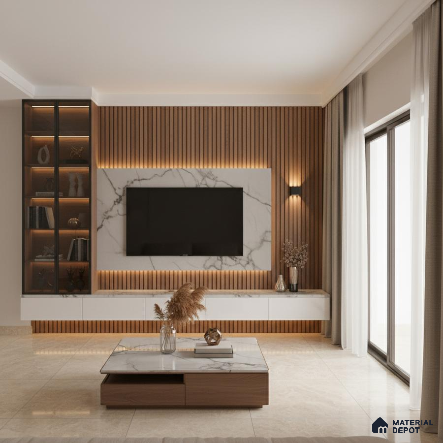 Modern living room with white marble laminate TV unit, walnut brown wooden louvers, and beige floor tiles in Bengaluru