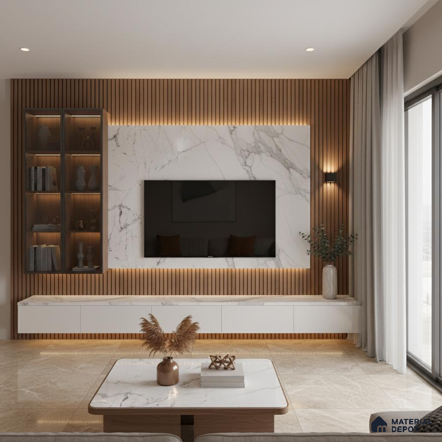 Modern living room with white marble laminate TV wall, wooden louvers, and beige floor tiles in Bengaluru