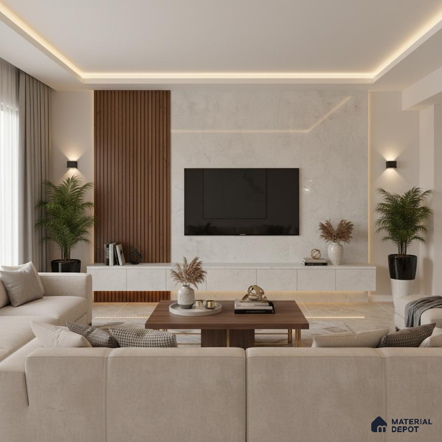 Modern living room with marble laminate TV unit, walnut wood louvers, and beige marble floor tiles in Bengaluru