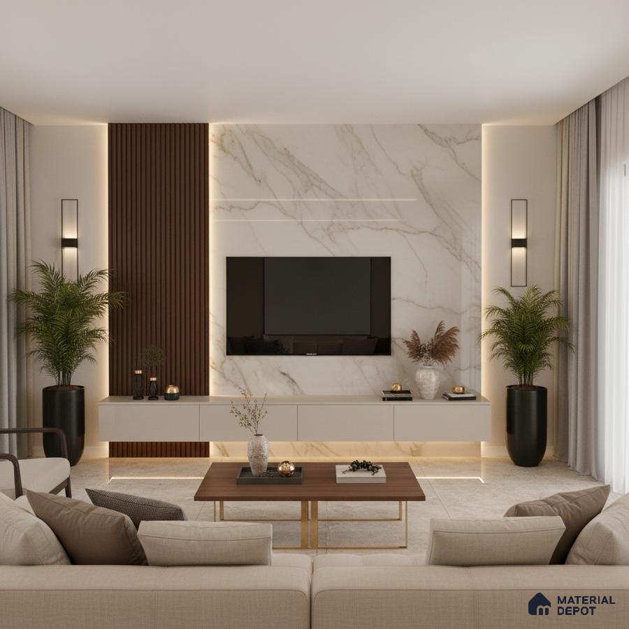 Modern living room with white marble laminate TV unit, walnut wood louvers, and beige floor tiles in Bengaluru