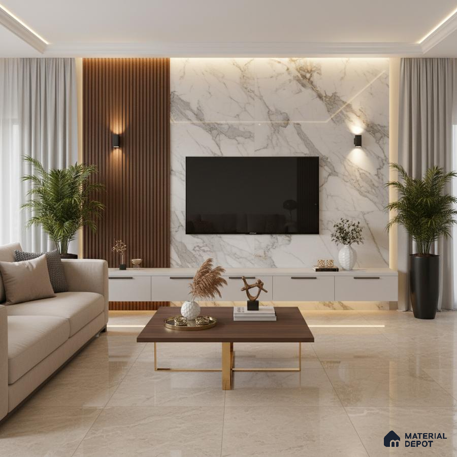 Modern living room with brown marble TV wall, wooden louvers, and beige marble floor tiles in Bengaluru