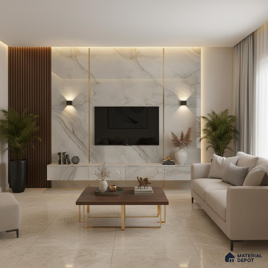 Modern living room with marble laminate TV unit, wooden fluted panels, and beige marble floor tiles in Bengaluru