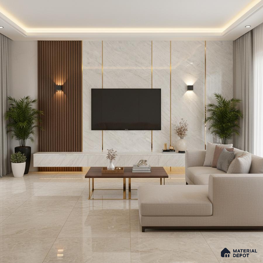 Modern living room with marble laminate TV wall, wooden louvers, and beige floor tiles in Bengaluru