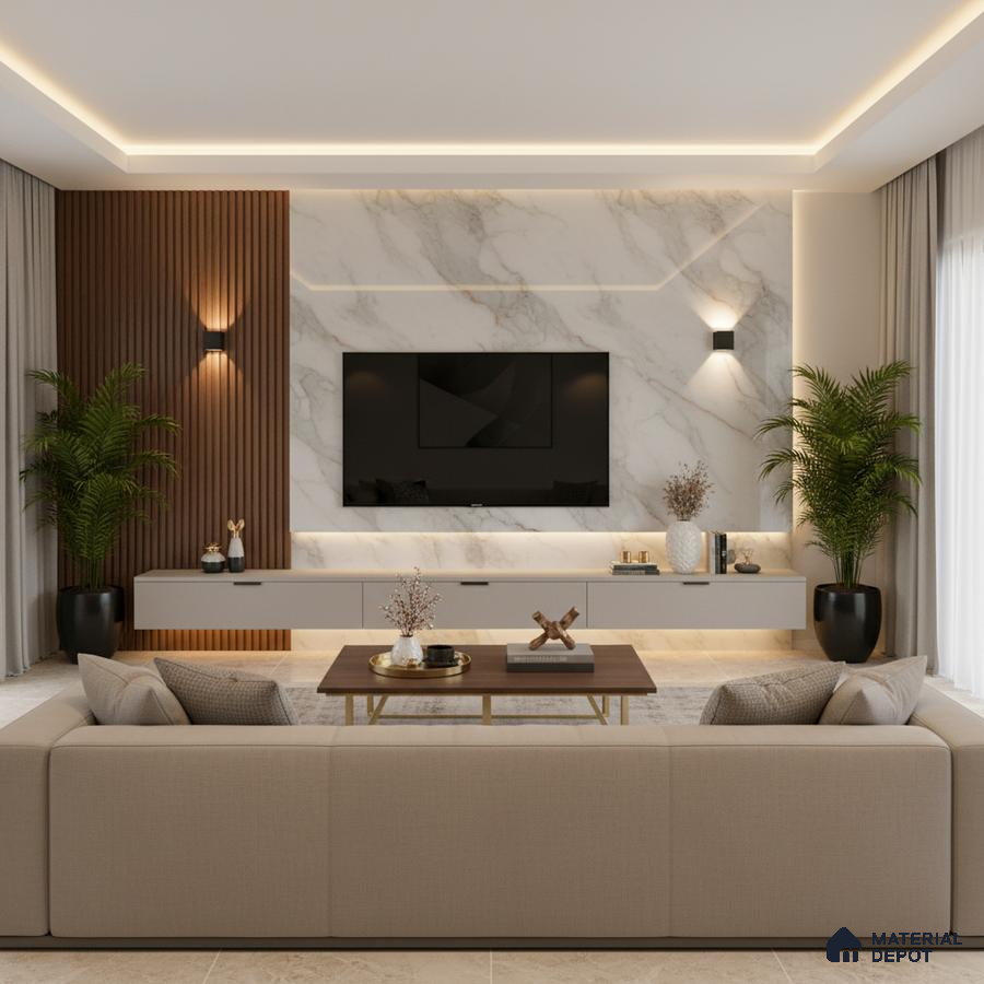 Modern living room with wooden fluted wall panels, marble-look TV unit, and beige marble floor tiles in Bengaluru