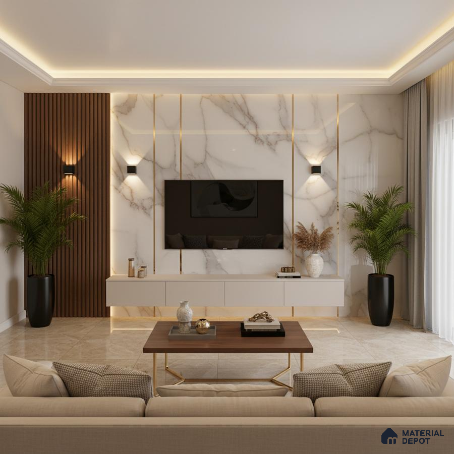 Modern living room with marble-look TV wall, taupe floating cabinet, and wooden louver panel in Bengaluru