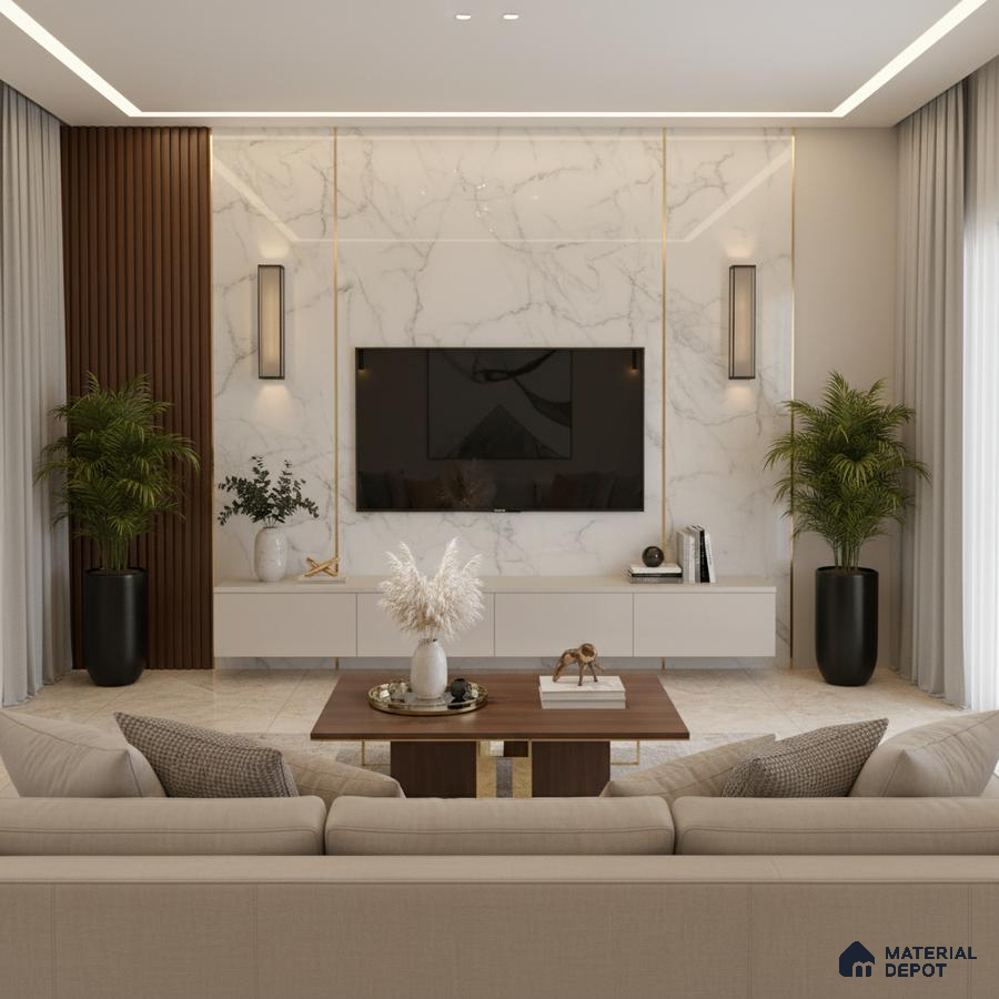 Modern living room with marble laminate TV wall, wooden fluted panels, and beige marble floor tiles in Bengaluru