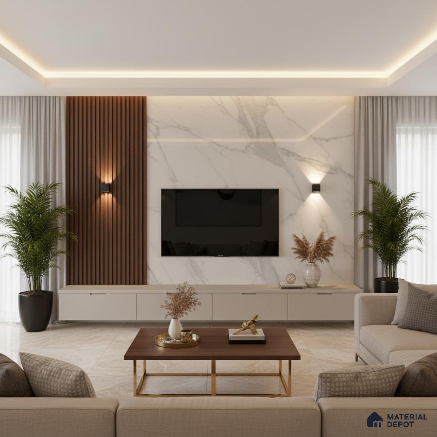 Modern living room with white marble laminate TV unit, walnut brown fluted wall panels, and marble floor tiles in Bengaluru