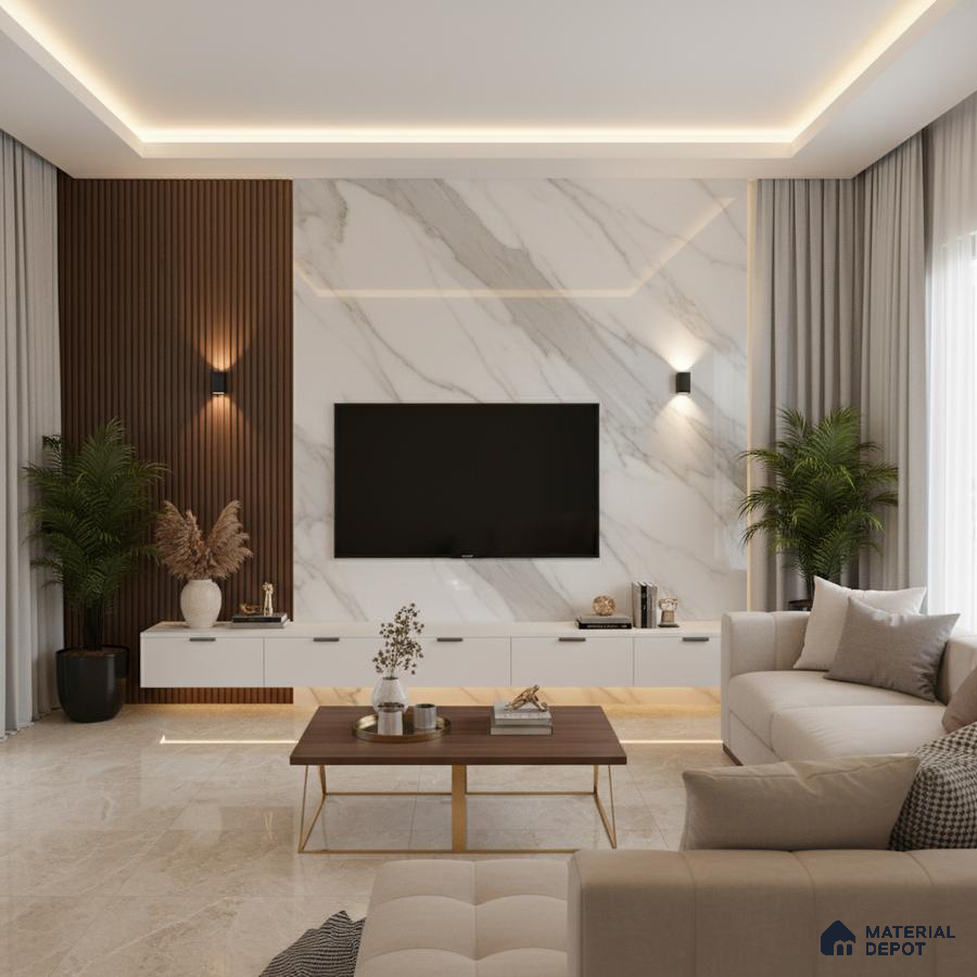 Modern living room with bookmatch marble laminate TV wall and walnut wood fluted panels in Bengaluru